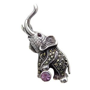 Vintage Sterling Silver Jeweled Marcasite Good Luck Elephant Brooch Pin